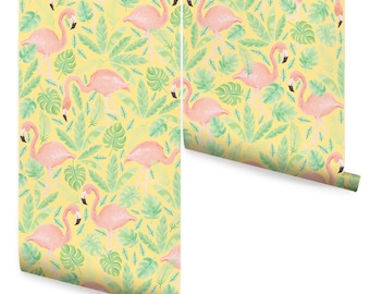Coral Yellow Tropical Flamingo Mural Wallpaper - Peel and Stick or Traditional Unpasted