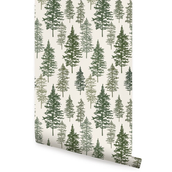 Illustrated Evergreen Forest, Deep Green, Self Adhesive Fabric Repositionable Wallpaper