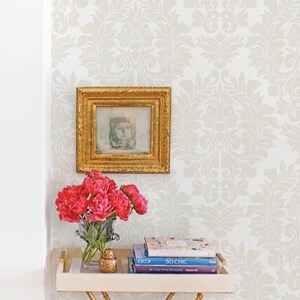 Beige on White Classic Damask Wallpaper - Peel and Stick or Traditional Unpasted image 2