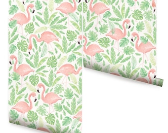 Coral Tropical Flamingo Mural Wallpaper - Peel and Stick or Traditional Unpasted