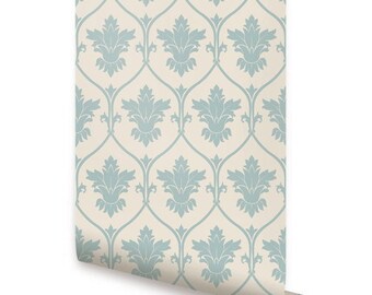 May include: A roll of wallpaper with a repeating pattern of blue floral designs on a cream background.