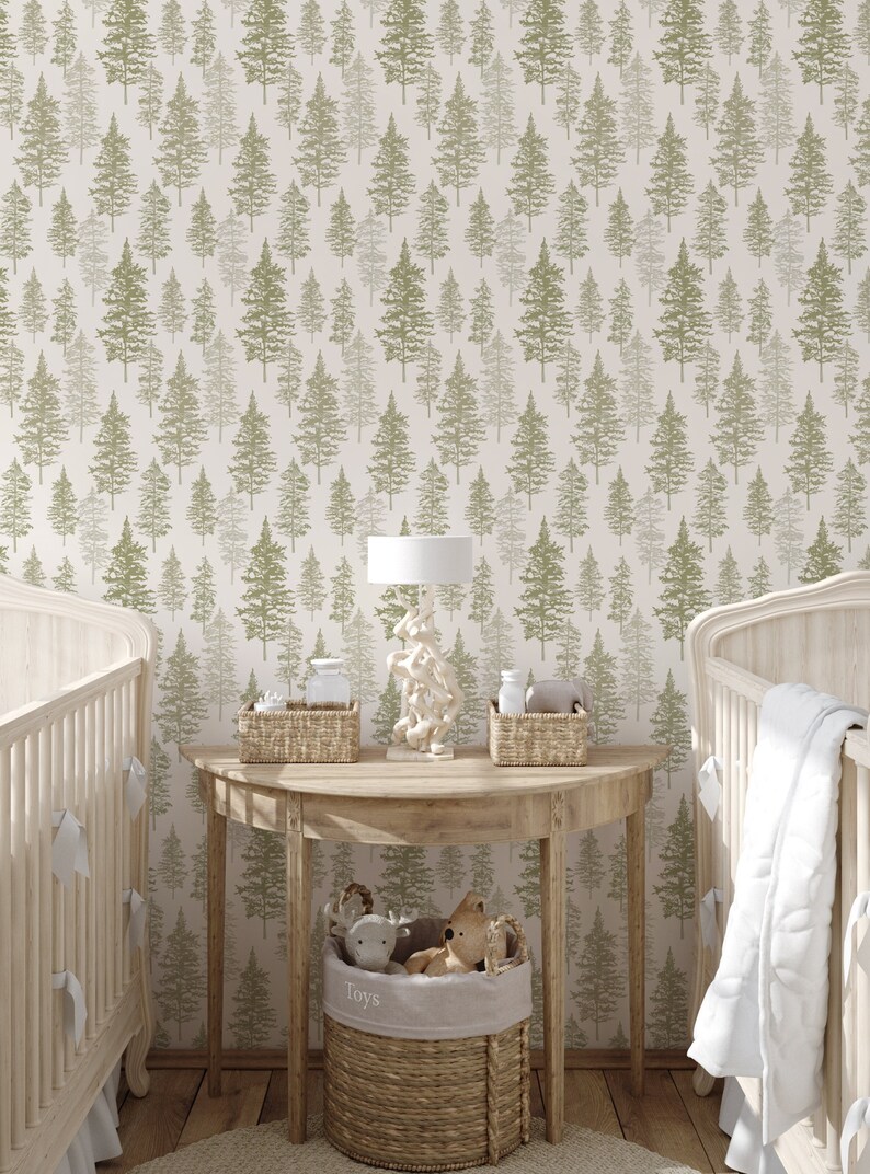Illustrated Evergreen Forest, Sage Green, Self Adhesive Fabric