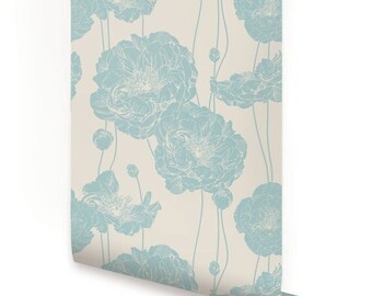 Peony Mint Blue Peel & Stick Fabric Wallpaper Repositionable