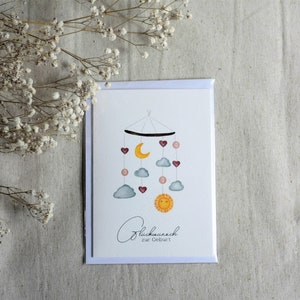 Glückwunschkarte Geburt A6 (gefaltet) - Handgefertigt, Karte mit Umschlag, Aquarell, Mobile, Klappkarte, Grußkarte Babyparty, Babyshower