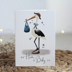 Glückwunschkarte zur Geburt A6 (gefaltet) - Storch -Geburt Junge/Mädchen, Babyparty, Klappkarte mit Umschlag, Handgefertigt, Karte Rosa Blau