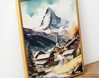 PRINTABLE Matterhorn Swiss Alps Mountain Watercolor Painting | Picturesque Travel Decor | Downloadable Digital Art