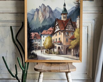 PRINTABLE Bavarian Town Germany Watercolor Landscape Painting | Picturesque Travel Decor | Downloadable Digital Art