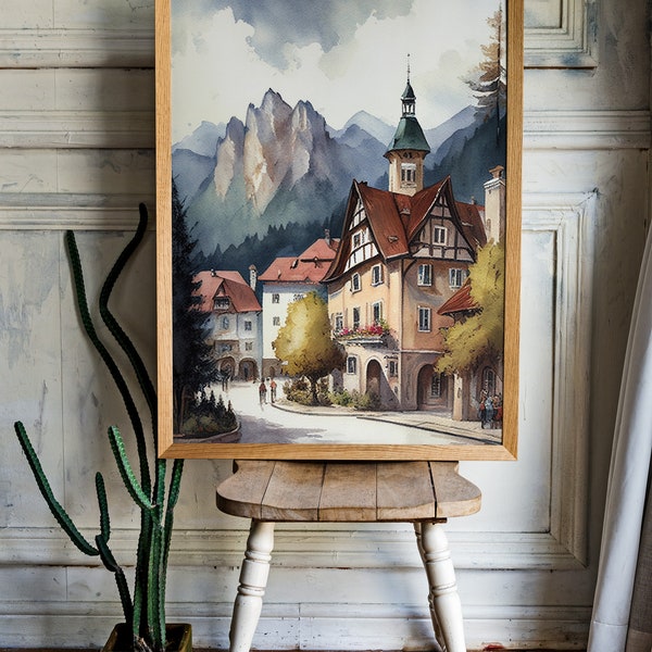 PRINTABLE Bavarian Town Germany Watercolor Landscape Painting | Picturesque Travel Decor | Downloadable Digital Art