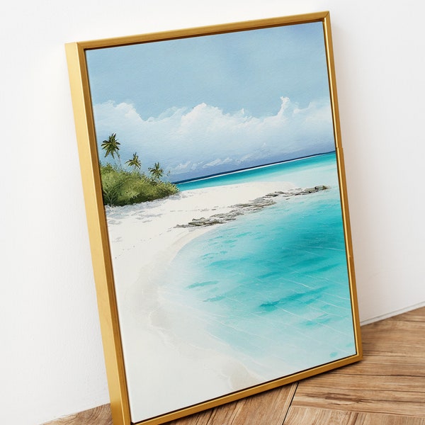 PRINTABLE Maldives White Sand Beach Watercolor Landscape Painting | Picturesque Travel Decor | Downloadable Digital Art