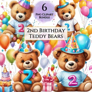 2nd Birthday Teddy Bear Clipart, Sublimation Second Birthday Watercolor Designs, Kids Teddy Bear Birthday Decor Digital Download PNGs