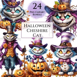 Halloween Cheshire Cat Clipart, Sublimation Halloween Watercolor Designs, Jack-O’-Lantern Scarecrow Holiday Decor Digital Download PNGs