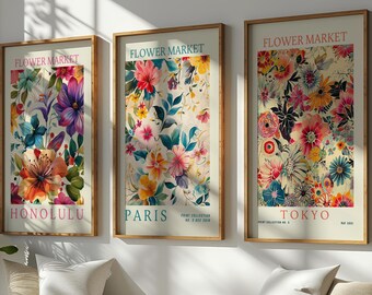 Flower Market Prints, Paris Tokyo Honolulu Botanical Art Prints, Set of 3 Gallery Wall Artwork for Home Decor, Airbnb Abstract Floral Prints