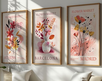 Flower Market Prints, Athens Barcelona Madrid Botanical Art Prints, Set of 3 Gallery Wall Artwork, Airbnb Home Decor Abstract Floral Prints