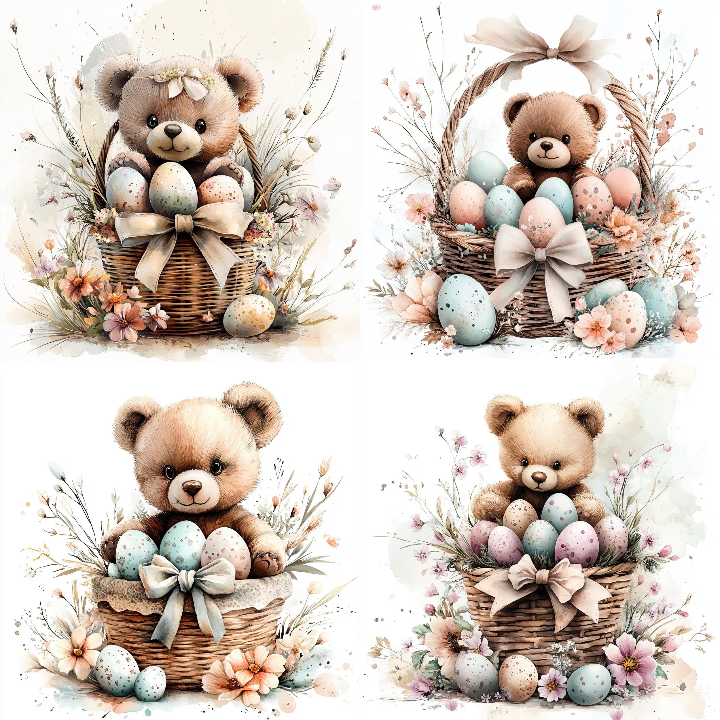 Vintage Watercolor Teddy Bear Easter Basket Clipart Bundle, 24 Pastel ...
