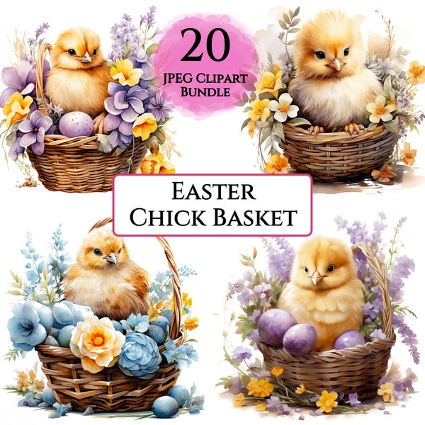 Watercolor Easter Chick Clipart Bundle, Printable Easter Basket Clipart, Watercolor Easter Chick Basket, Scrapbooking Digital Download JPGs