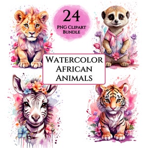Bundle de cliparts animaux d'Afrique, Clipart Safari imprimable, aquarelle animaux de la jungle, Art animalier de chambre d'enfant, Scrapbooking en téléchargement numérique PNG