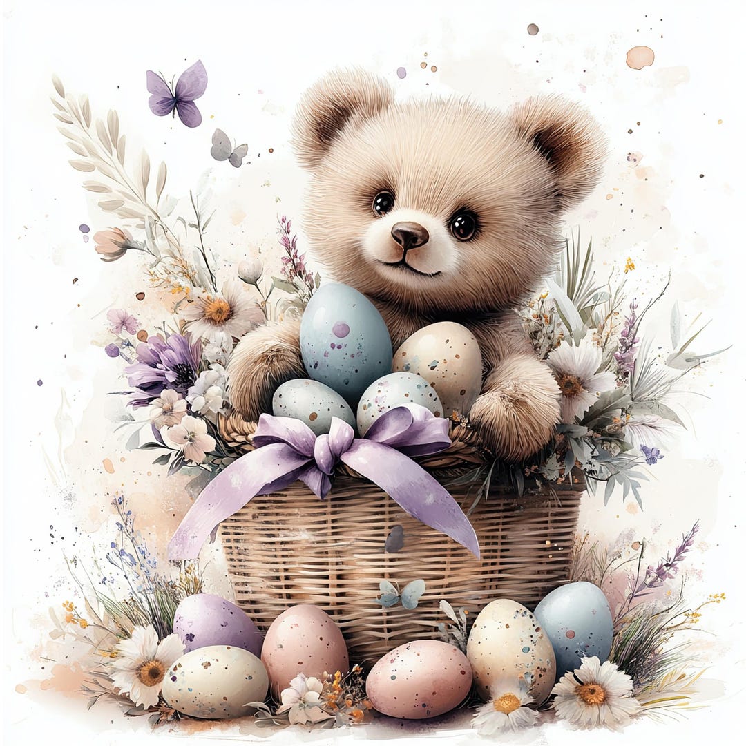 Vintage Watercolor Teddy Bear Easter Basket Clipart Bundle, 24 Pastel ...