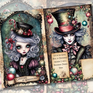 Dark Alice in Wonderland Junk Journal Collage Sheet Pages, Gothic Christmas in Wonderland Ephemera Scrapbook Digital Download Paper Kit