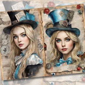 Alice in Wonderland Junk Journal Collage Sheet Pages, Vintage Mad Hatter Tea Party Ephemera Scrapbook Digital Download Paper Kit