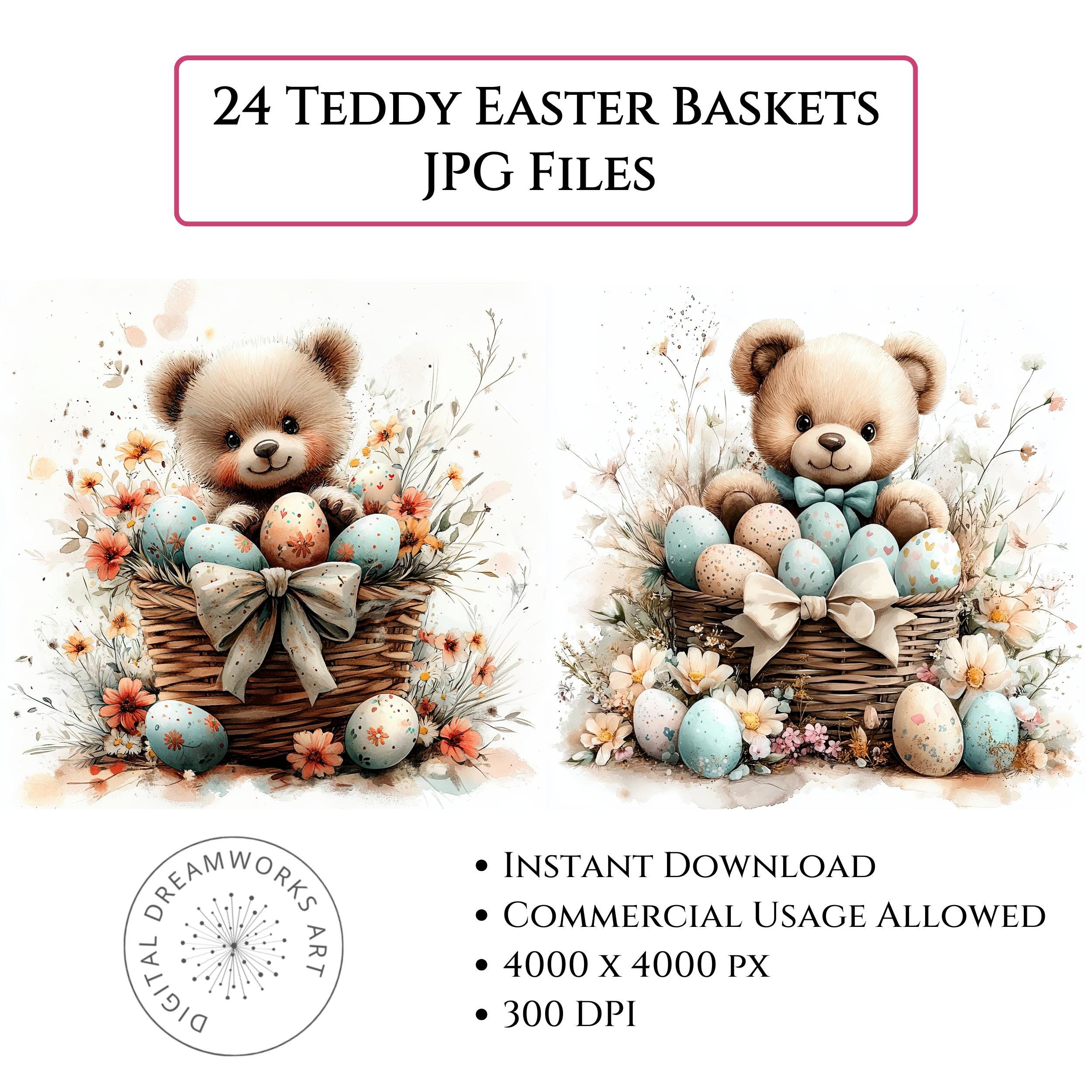 Vintage Watercolor Teddy Bear Easter Basket Clipart Bundle, 24 Pastel ...