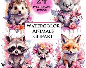Watercolor Animals Clipart Bundle, Watercolor Woodland Forest Animals, Floral Nursery Animal Art, Scrapbooking Digital Download PNGs