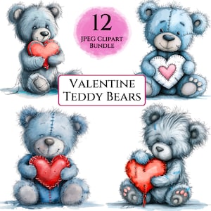 Valentine Teddy Bear Clipart Bundle, Printable Valentines Day Teddy Bear Clipart, Card Making Scrapbooking Journal Digital Download JPGs