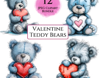 Valentine Teddy Bear Clipart Bundle, Printable Valentines Day Teddy Bear Clipart, Card Making Scrapbooking Journal Digital Download JPGs