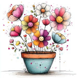 24 imágenes prediseñadas de macetas de primavera, macetas florales de acuarela en formato JPG, gráficos de jardín caprichosos, ilustración de flores sonrientes, paquete de diseño de sublimación