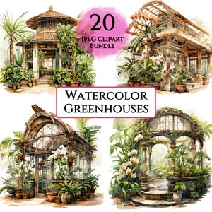 Pacote de clipart de estufas em aquarela, clipart de casa de vidro em aquarela, clipart de plantas de interior, amante de plantas de interior, planejador digital de jardim JPGs