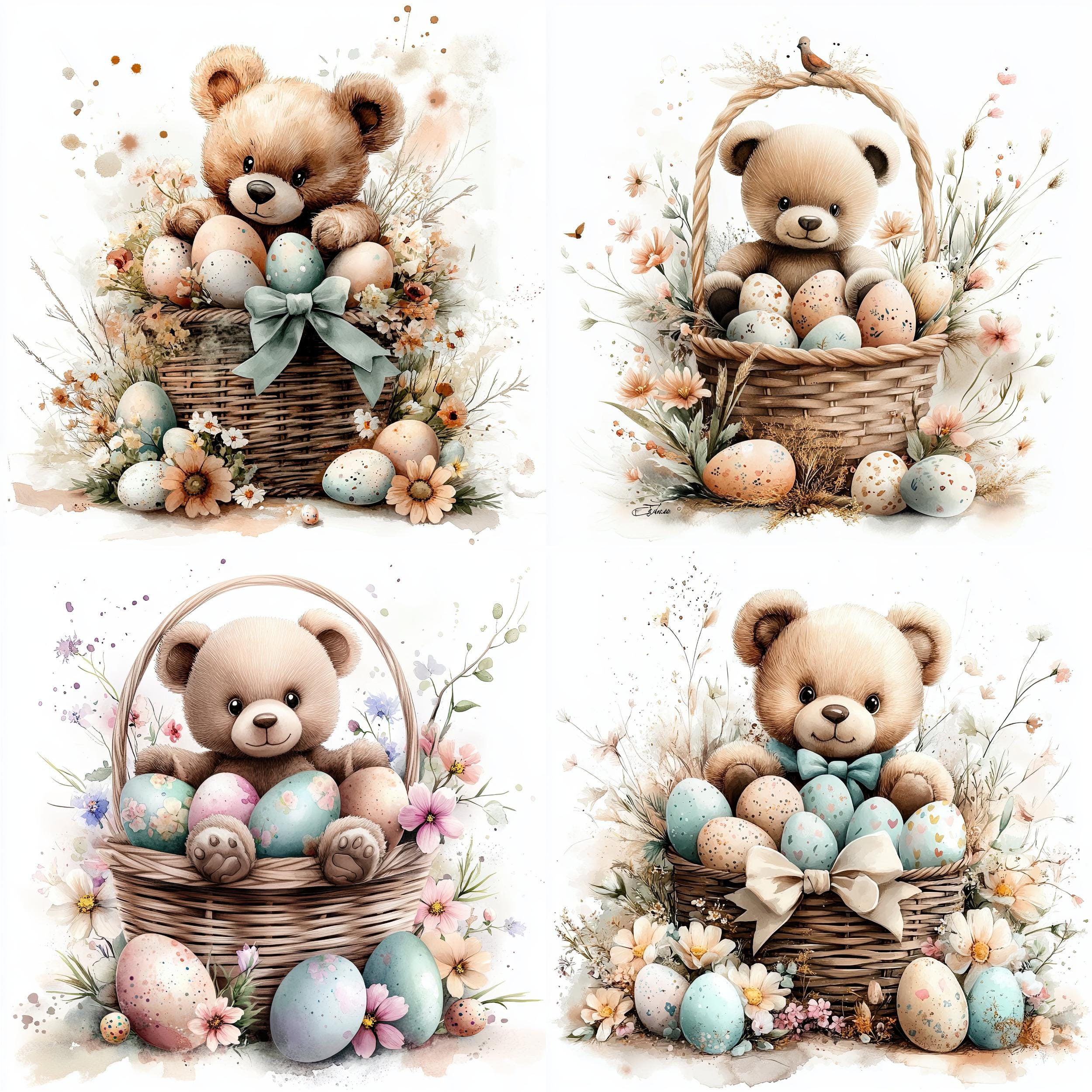 Vintage Watercolor Teddy Bear Easter Basket Clipart Bundle, 24 Pastel ...