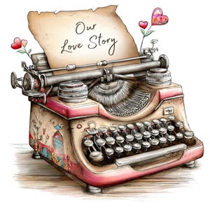 Könnte beinhalten: Eine Vintage-Schreibmaschine in Rosa und Beige mit dem Text "Our Love Story" auf einem Papierblatt. Die Schreibmaschine hat ein detailliertes Design mit floralen und architektonischen Motiven und ist mit herzförmigen Akzenten verziert.