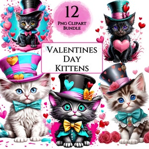 Valentines Day Kitten Clipart Bundle, Sublimation Valentines Day Watercolor Designs, Cat Lovers Digital Download PNGs
