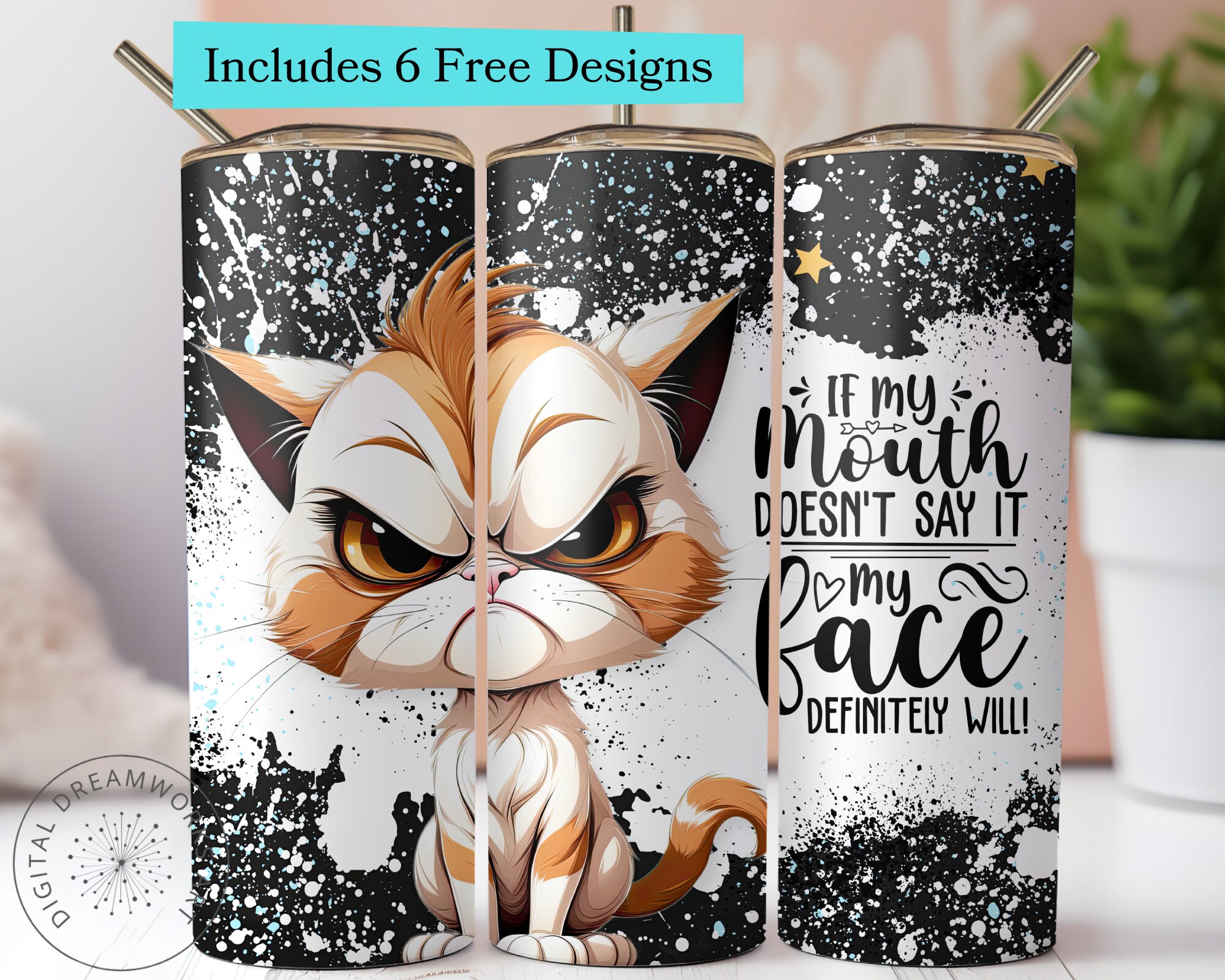Cute Sarcastic Cat 20oz Skinny Tumbler Sublimation Design, Straight and Tapered PNG Design, Whimsical Feline themed Tumbler for Cat Lovers