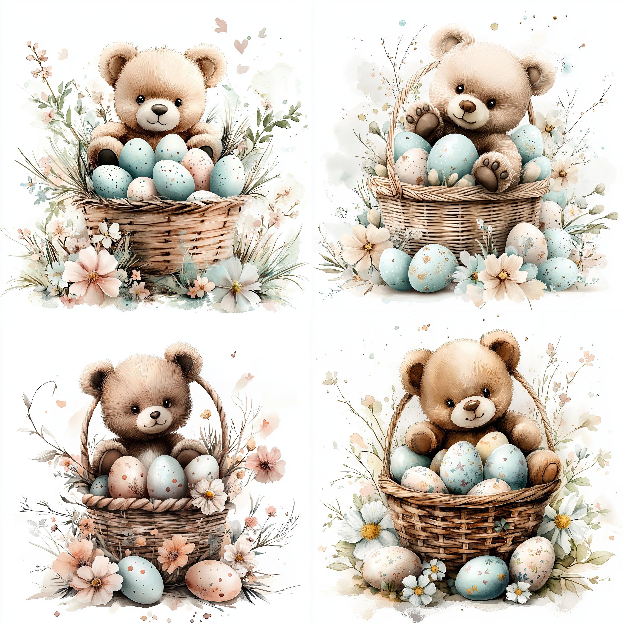 Vintage Watercolor Teddy Bear Easter Basket Clipart Bundle, 24 Pastel ...