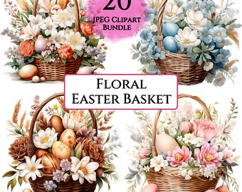 Floral Easter Basket Clipart Bundle, Watercolor Easter Basket Clipart, Chocolate Easter Egg Basket, Easter Spring Flowers Wicker Basket JPGs