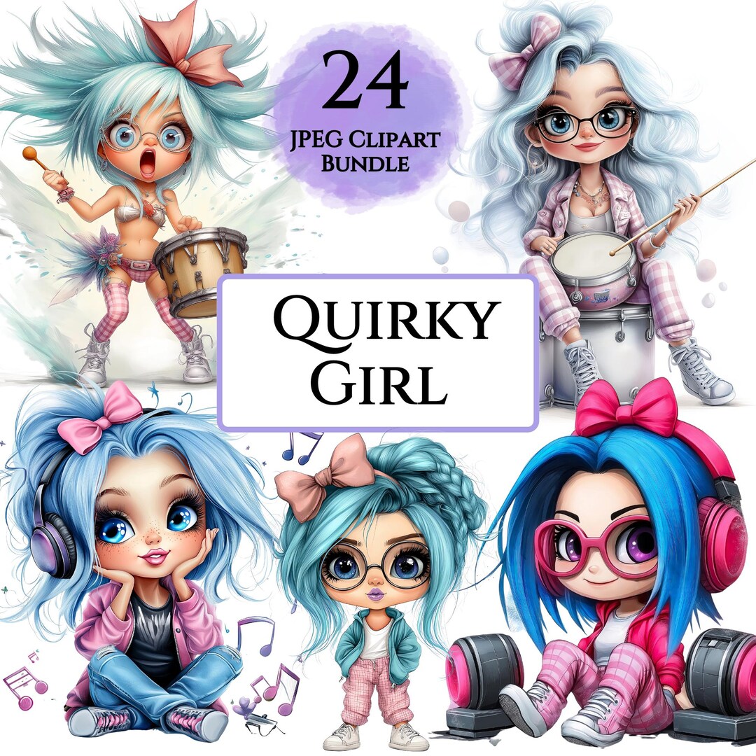 Quirky Girl Clipart Bundle, Whimsical Dancing Drummer Girl, Cute Doll ...