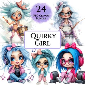 Quirky Girl Clipart Bundle, Whimsical Dancing Drummer Girl, Cute Doll Junk Journal Designs, Card Making Scrapbooking Digital Download JPGs