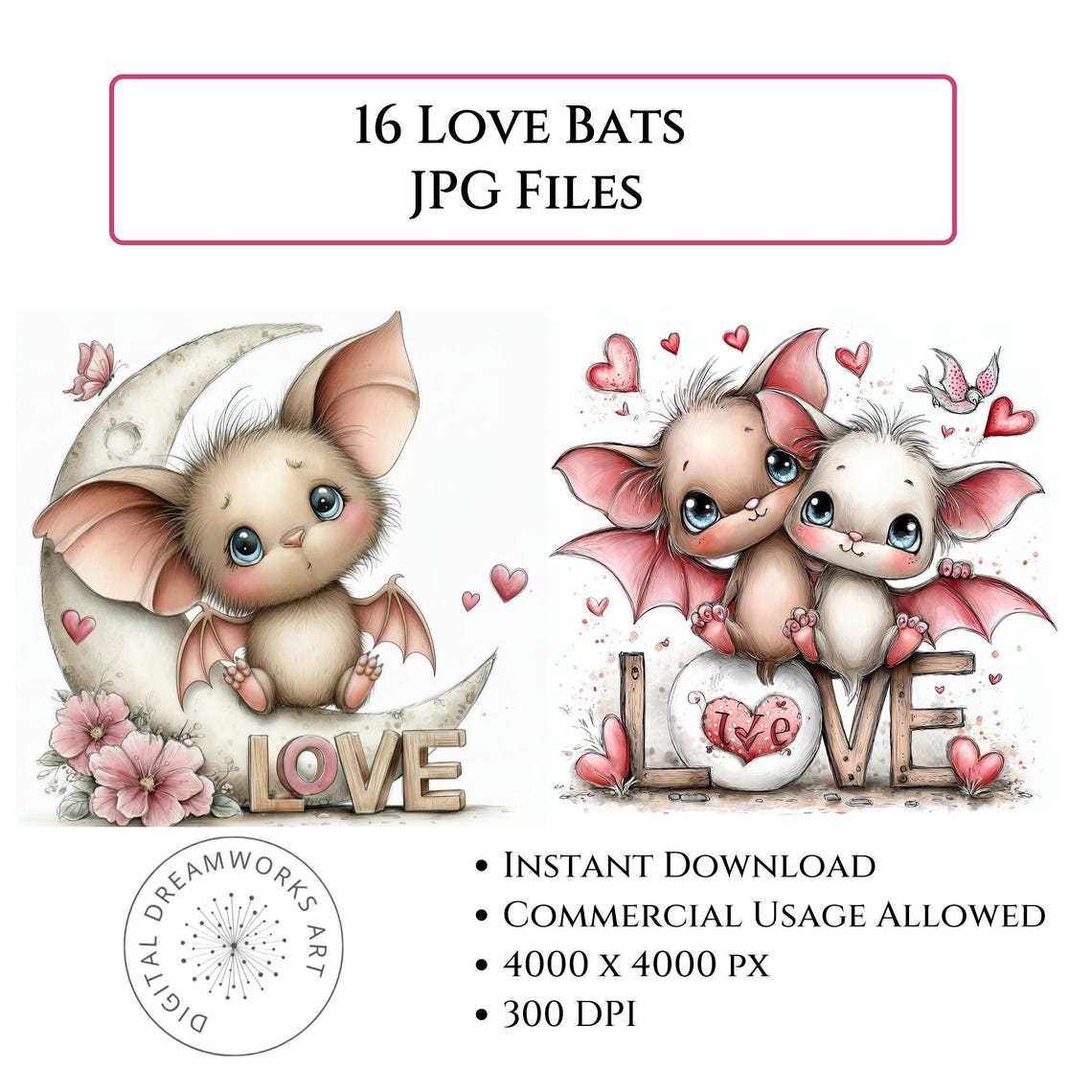 16 Love Bats JPG Bundle, Cute Bat Couple Clipart, Kawaii Fantasy Animal ...