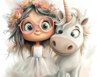 Whimsical Unicorn and Girl Clipart - 12 JPG Watercolor Nursery Art - Cute Fairytale Digital Illustration - Pastel Flowers & Pink Glasses