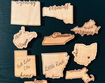 State Shaped Magnets, Custom State Wooden Magnets, Personalized State Magnets, Wood Engraved Home State Magnet