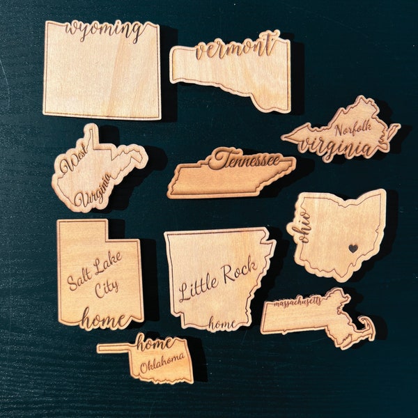 State Shaped Magnets, Custom State Wooden Magnets, Personalized State Magnets, Wood Engraved Home State Magnet