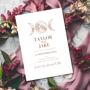 Editable Mountain Moonrise White Wedding Invitation Template | Brown Lettering, Printable, Instant Download