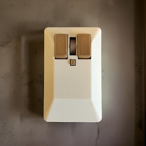 May include: A white electrical light switch with two rectangular toggle switches and a small square button. The toggle switches and button are a light brown color. The switch is mounted on a gray wall.