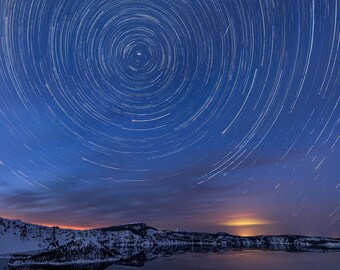 Crater Lake Star Trails Photography, Oregon Winter Landscape Wall Art