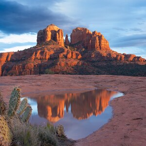 May include: A scenic landscape featuring a large red rock formation under a cloudy sky. The rock formation is reflected in a small pool of water in the foreground. Cactus plants are in the foreground.