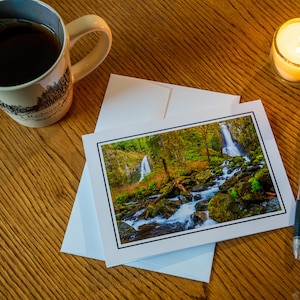5 x 7 waterfall photo greeting card. Photograph titled Double Vision, taken in the Siuslaw National Forest, Oregon