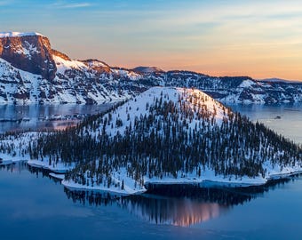 Crater Lake Winter Photo: Wizard Island, Oregon National Park Wall Art
