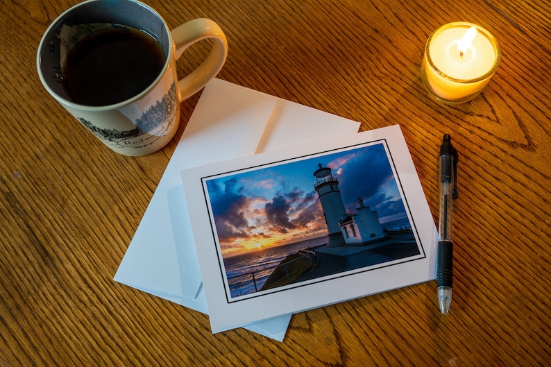 5 x 7 Lighthouse photo greeting card. Photograph of North Head Lighthouse at Sunset, on the Washington Coast