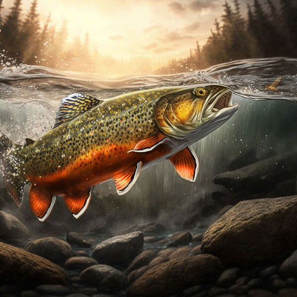 Omble de fontaine poisson aquarelle peinture impression numérique, Art de la Nature, pêche à la mouche peinture impression