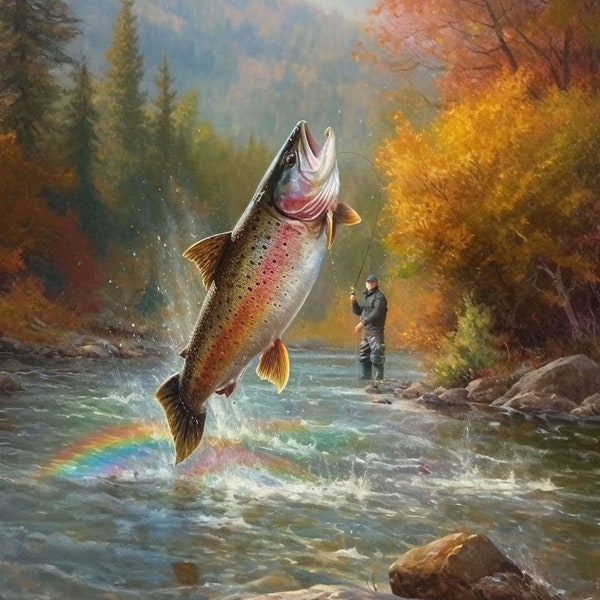 Rainbow Trout Fish Watercolor Painting Digital Print, Nature Art, Flyfishing Painting Print